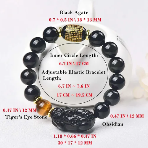 Miniatura 16 de Pulsera de obsidiana negra, pulsera de obsidiana negra Feng Shui para mujeres y hombres, pulsera elástica de obsidiana con piedra de ojo de tigre