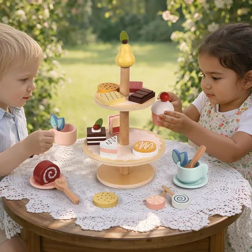 Miniatura 7 de PairPear Juego de Fiesta de Té con Soporte para Postres - Juguetes de Madera de Comida de Juego de Simulación y Accesorios de Cocina para Juego