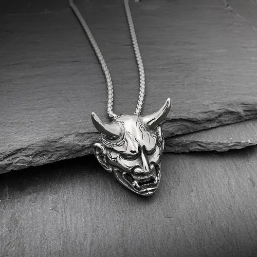 Miniatura 8 de Oni Mask Hannya Prajna - Collar de acero inoxidable con máscara de diablo japonés, collar de samurái de buena suerte