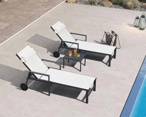 Miniatura 13 de PURPLE LEAF Juego de sillas de lounge al aire libre de gran tamaño de 3 piezas para patio, tumbona para piscina, estructura de aluminio con mesa