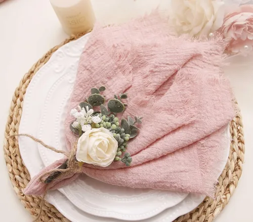 Miniatura 12 de Servilletas de tela con juego de 6 servilletas de gasa con flecos, 100% algodón natural suave, servilletas lavables, ideales para bodas