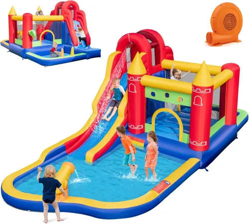 Miniatura 15 de HONEY JOY Tobogán acuático inflable, casa de rebote de tobogán acuático 9 en 1 con piscina de salpicaduras, tobogán largo, pozo de bolas con 50