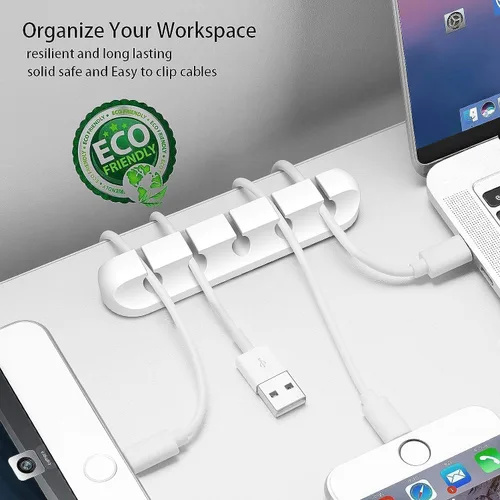 Miniatura 8 de Organizador de cables, paquete de 2 (5 ranuras + 3 ranuras), soporte de gestión de cables de silicona con fuerte adhesivo para escritorio, automóvil