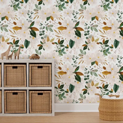 Miniatura 7 de Muestra de papel tapiz extraíble - Magnolias florales doradas flores blancas papel pintado prepegado personalizado por Spoonflower