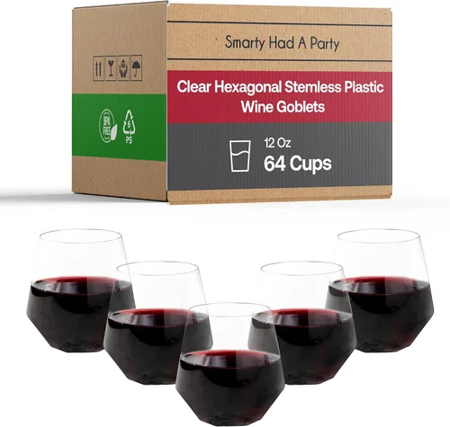 Smarty Had A Party Copas de vino de 12 onzas, paquete de 64 copas de plástico transparente sin tallo, irrompibles y desechables para fiestas y