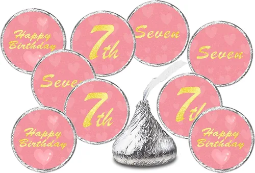 Calcomanías de besos de 7º cumpleaños, siete etiquetas de beso rosa para fiesta de cumpleaños de niña, decoraciones de mesa de gotas de chocolate,