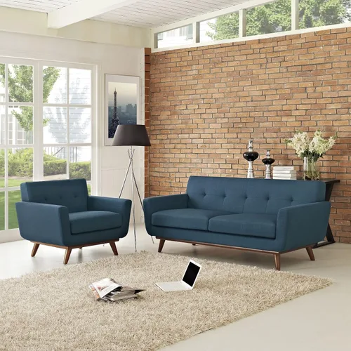 Modway Engage - Sillón de una pieza tapizado con tela y sofá de dos piezas de estilo de mediados de siglo, Textil, Celeste
