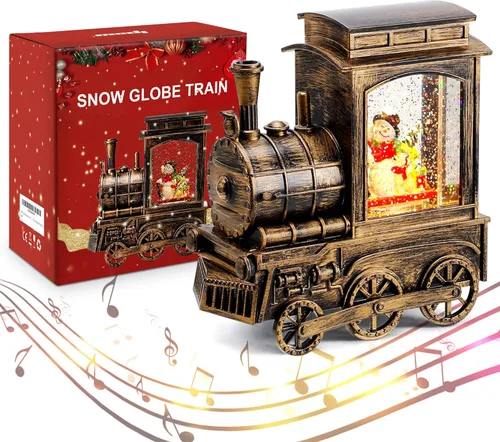 IPOW Tren de linterna de globo de nieve de Navidad con purpurina de remolino de agua, musical e iluminado, temporizador de 6 horas, alimentado por