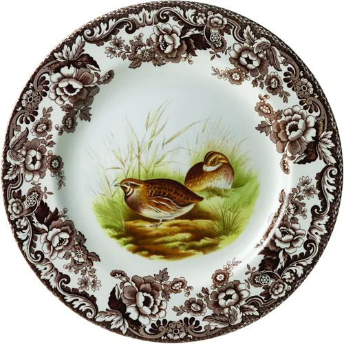 Miniatura 25 de Plato de cena Spode Woodland Red Grouse - 10.5" de loza fina, borde con flores británicas, diseño rústico de animales de caza fabricado