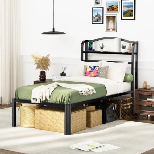 Miniatura 10 de Base de cama Individual XL con cabecera, base de colchón de metal, armazón de cama de 18 pulgadas de alto, no necesita somier, base de cama de 46 cm