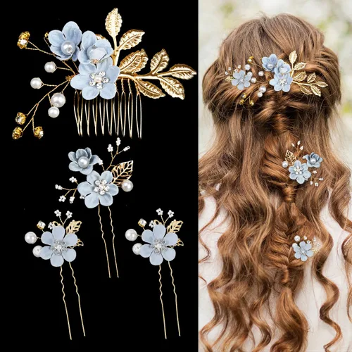 Miniatura 9 de BOYIVI 4 accesorios para el cabello de boda, peines y alfileres para el cabello de novia con perlas rosas, tenedores de pelo vintage para novias