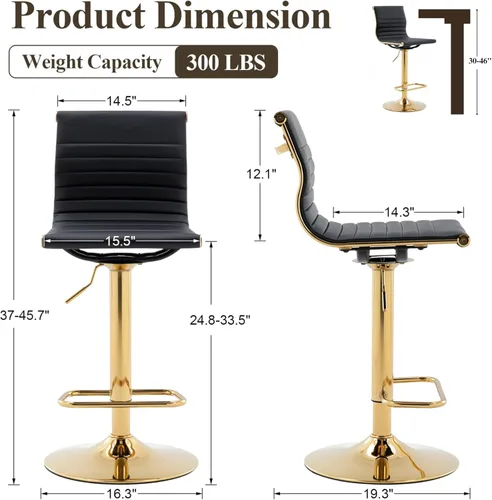 Miniatura 2 de Taburetes de bar ajustables de piel sintética, taburete de bar negro y dorado con respaldo, moderno taburete giratorio de altura de mostrador