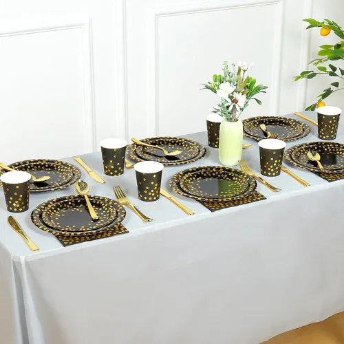 Miniatura 6 de 175 piezas de suministros de fiesta negros y dorados, lunares dorados en platos de papel negro, servilletas y vasos, cubiertos de plástico dorado