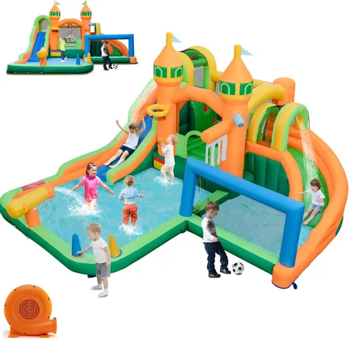 Miniatura 16 de HONEY JOY Tobogán acuático inflable, casa de rebote de agua gigante 8 en 1 y parque acuático con toboganes, escalada, piscina de chapoteo, toboganes