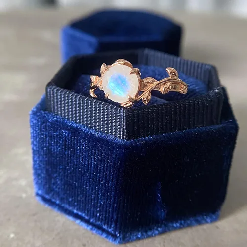 Miniatura 4 de ASANA - Anillo de compromiso único de piedra lunar para mujer, oro rosa de 14 quilates sobre plata de ley, anillo de compromiso único, banda