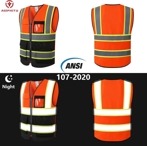 Miniatura 5 de Chaleco de seguridad reflectante de alta visibilidad para hombres y mujeres con bolsillos y cremallera frontal, cumple con los estándares ANSI/ISEA