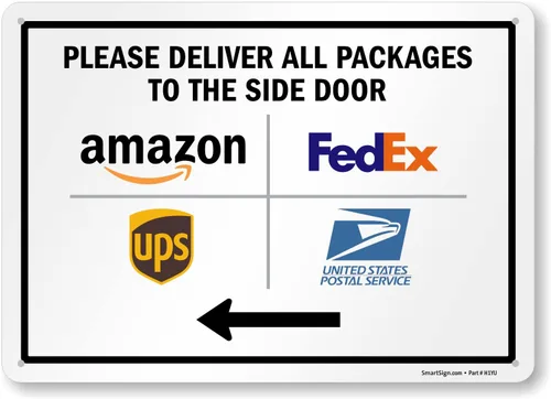 SmartSign Letrero de metal con flecha izquierda y símbolos, 10 x 14 pulgadas, con texto en inglés "Please Deliver All Packages to The Side Door",