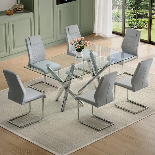 Miniatura 12 de Juego de mesa de comedor de cristal para 6,71 pulgadas, mesa de comedor para 6, mesa de cocina rectangular grande de vidrio templado y 6 sillas