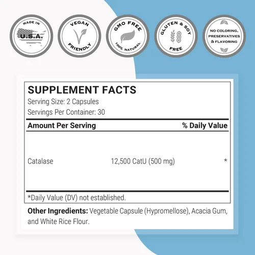 Miniatura 4 de Supersmart - Catalase 500mg por día (12500 CatU) - Enzima natural - Suplemento anti canas Sin OMG y sin gluten - 60 cápsulas de liberación