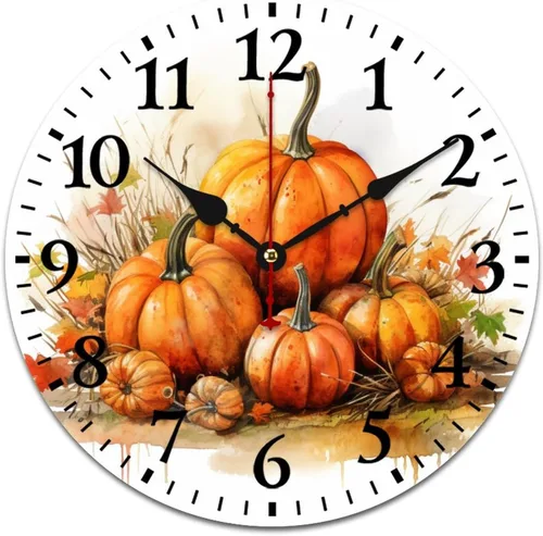 Miniatura 14 de Reloj de pared de madera Country Autumn Harvest Acuarela Calabaza Flores Redondo Reloj Decorativo de Calidad Cuarzo Sin Ticking Otoño Acción