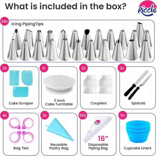 Miniatura 5 de Riccle Kit de decoración de pasteles de 94 piezas con plato giratorio para pasteles - Incluye 50 piezas de bolsas de repostería desechables de 16
