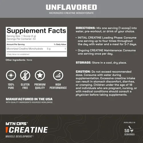 Miniatura 4 de MTN OPS Monohidrato de creatina micronizada en polvo, sin sabor, 0.18 oz por porción, 50 porciones, creatina pura para recuperación muscular
