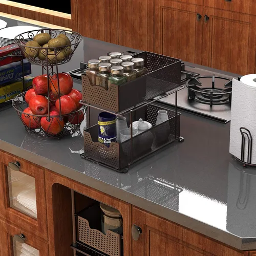 Miniatura 2 de Simple Houseware - Cajón organizador de cesta deslizante de 2 niveles, bronce