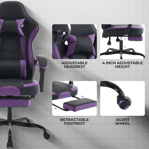 Miniatura 5 de Silla de escritorio para juegos para adultos, silla ergonómica para juegos con reposapiés, reposacabezas y soporte lumbar, material de cuero, altura