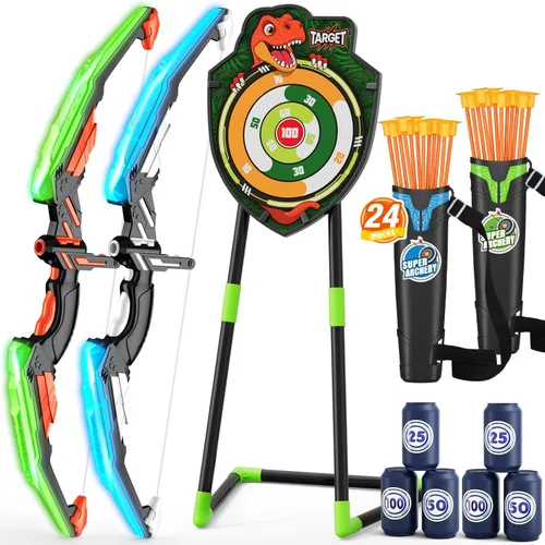 HYES Paquete de 2 arcos y flechas para niños, juego de tiro con luz LED con 24 flechas de ventosa, 1 objetivo de pie, 6 objetivos de puntuación y 2