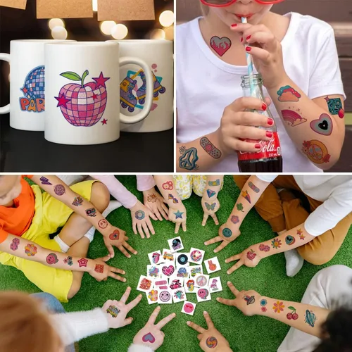 Miniatura 5 de CHARLENT Tatuajes temporales con purpurina Groovy de los años 70 para niños, 74 hojas individuales con purpurina retro Flower Power, decoración
