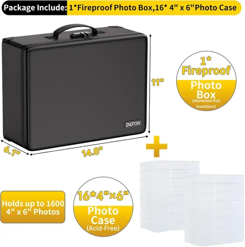 Miniatura 2 de ENGPOW Caja de almacenamiento de fotos ignífuga de 5200 °F con 16 fundas interiores de 4 x 6 pulgadas (transparente), organizador de fotos
