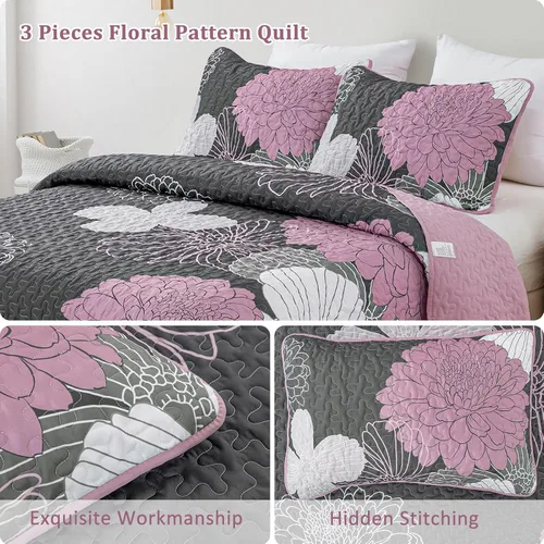 Miniatura 2 de Anibedding Juego de edredón de 3 piezas con estampado floral gris, tamaño Queen, juego de edredón rosa con patrón de flores, juego de edredón