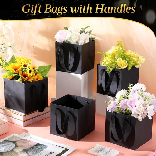Miniatura 4 de Windyun 25 mini bolsas de regalo de papel con asa de 6 x 6 x 6 pulgadas, pequeñas bolsas cuadradas con etiqueta de agradecimiento para Navidad