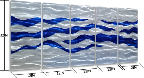 Miniatura 2 de SYGALLERIER Arte de pared abstracto de metal costero, hecho a mano, gran 3D, azul y plateado, ilustraciones modernas de olas de mar, escultura