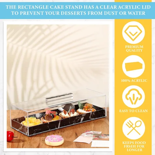 Miniatura 3 de Dandat 2 piezas Bandeja rectangular de servicio con tapa, mármol gris y negro granulado, soporte rectangular para pastel acrílico, soporte