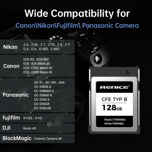 Miniatura 4 de RENICE Tarjeta de memoria CFexpress tipo B de 128 GB, lectura de hasta 1780 MB/s, grabación de video HD RAW 6K, para fotógrafos, videógrafos