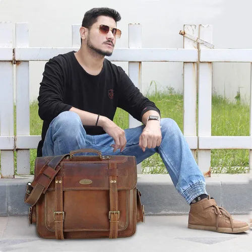 Miniatura 2 de Bolsas de cuero para computadora portátil para hombre, bolso de mensajero de cuero de grano completo, maletín de cuero, bolso de hombro cruzado