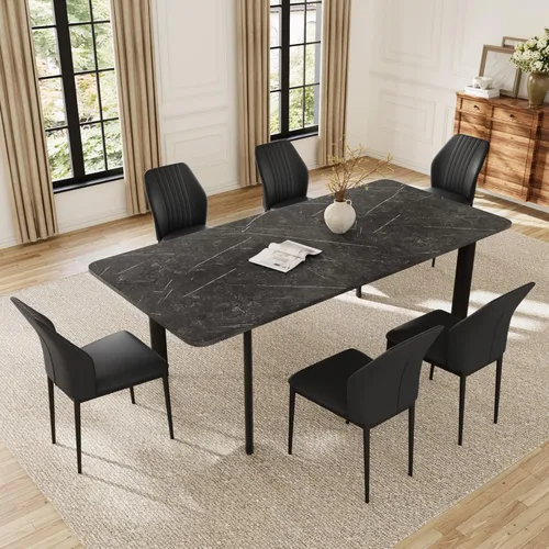 Miniatura 9 de HIPIHOM Mesa de comedor extensible para 6-8 personas, mesa rectangular de 63 a 78.7 pulgadas, MDF blanco con patas de metal resistentes, ahorro