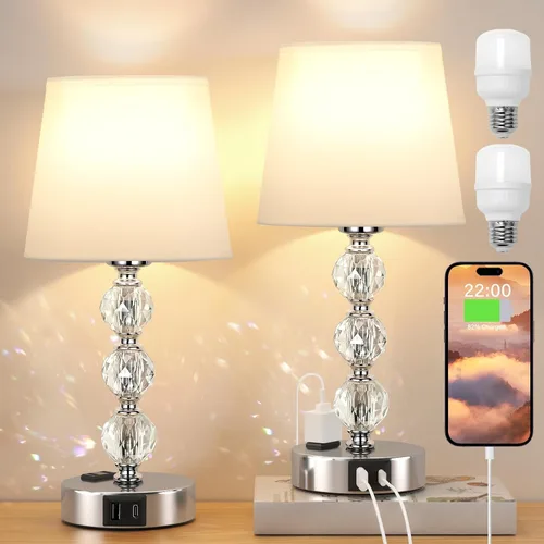 Lámpara de mesa, de cristal, regulable de 3 vías, con 2 puertos de carga USB, de 17.7 pulgadas de alto con moderna pantalla, lámpara de cama para