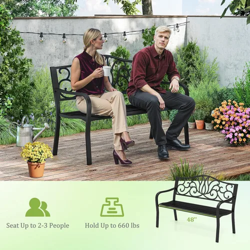 Miniatura 7 de Tangkula Banco de jardín de 50 pulgadas para exteriores, sofá biplaza de metal de hierro fundido con respaldo de diseño floral y asiento