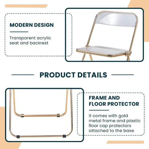 Miniatura 5 de LeisureMod Juego de 2 sillas plegables modernas de acrílico transparente Silla de escritorio con marco de metal dorado Cómoda silla decorativa