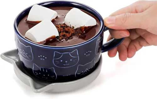 Miniatura 5 de Cididu Juego de 2 Lindas Tazas de Cerámica con Gato con Tapa, Tazas de Café de Leche de 10 OZ con Posavasos, Linda Taza de Té Kawaii para Desayuno