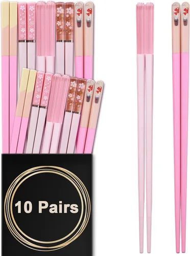 Palillos reutilizables aptos para lavavajillas, GLAMFIELDS - 10 pares de 9.5 pulgadas, juego premium de palillos de fibra de vidrio para sushi, Rosa