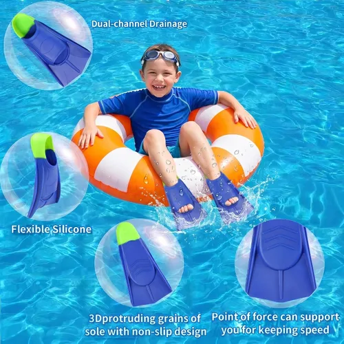 Miniatura 3 de Aletas de Natación para Niños, Aletas Cortas Cómodas para Natación de Vueltas y Entrenamiento para Niños, Niñas, Niños, Principiantes Azul y lima