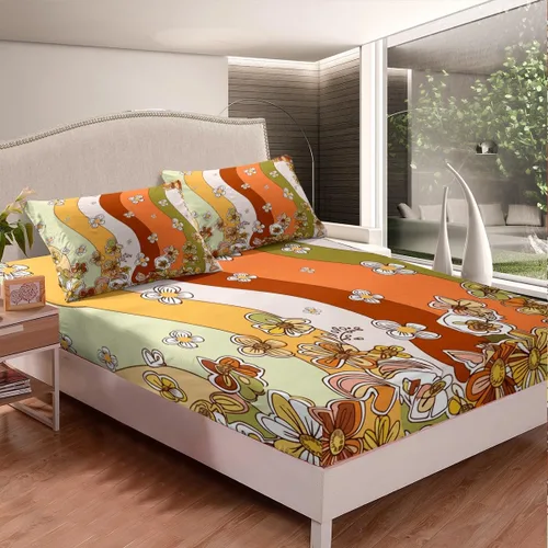 Miniatura 9 de Juego de sábanas bajeras retro de flores hippie para niños y niñas, juego de ropa de cama con estampado de flores, tamaño individual, juego