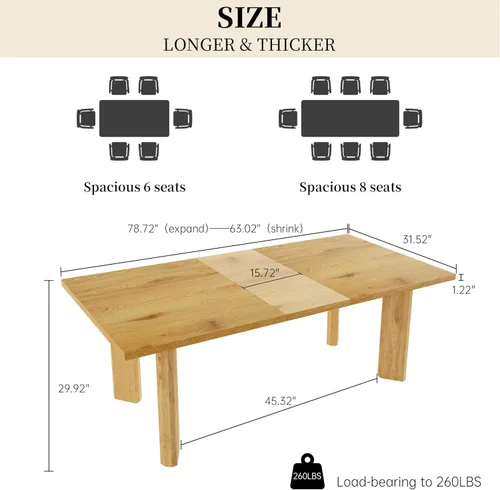 Miniatura 2 de HIPIHOM Mesa de comedor extensible para 6-8 personas, mesa de cocina rectangular de MDF de 63 a 78.7 pulgadas, estilo rústico de granja, diseño que