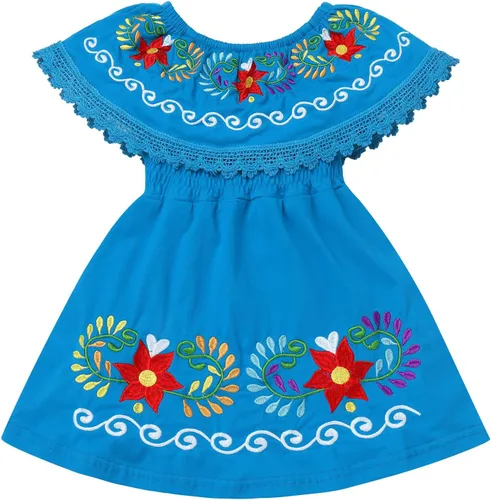 FYMNSI Vestido mexicano para niñas pequeñas con bordado floral étnico mexicano, vestidos casuales con volantes, vestido de verano para vacaciones