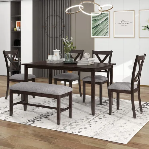 Miniatura 10 de LUMISOL Juego de 6 mesas de comedor de estilo rústico para 6, mesa de cocina de madera maciza de 60 pulgadas con banco y 4 sillas, acabado marrón