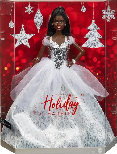 Miniatura 6 de Barbie Signature 2021 - Muñeca navideña (12 pulgadas, cabello trenzado moreno) en vestido plateado, con soporte para muñeca y certificado
