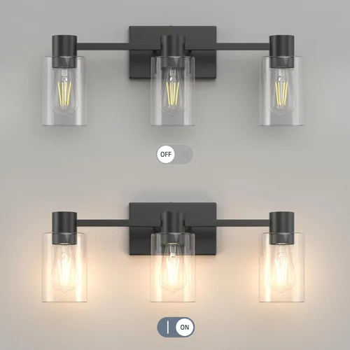 Miniatura 7 de Apliques de pared negros mate de 3 luces para baño, modernas lámparas de tocador sobre espejo, lámparas de baño con pantalla de vidrio transparente